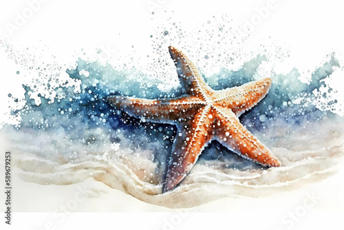 Starfish on the beach. Watercolor. AI generation