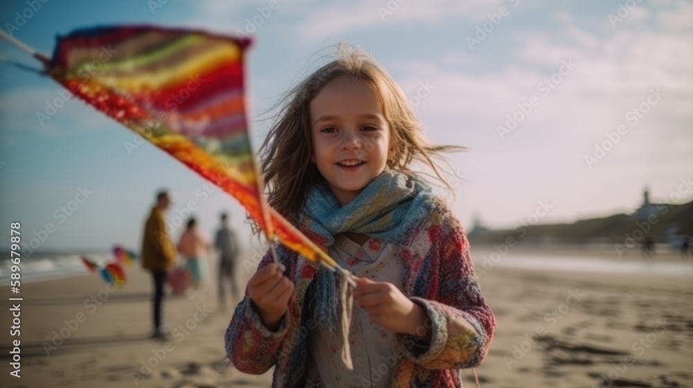 Cheerful girl playing with a kite on the beach on a sunny day. Generative AI.
