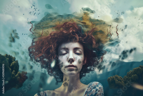 Surrealist woman with a surreal painted face and wild hair floating in a dreamlike landscape'', generative ai