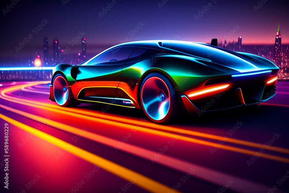 Aerial drone after a futuristic 3D concept car. Autonomous self-driving car moving on a city highway. Visualized AI sensors scan the road ahead for vehicles and pedestrians. back view. Generative AI