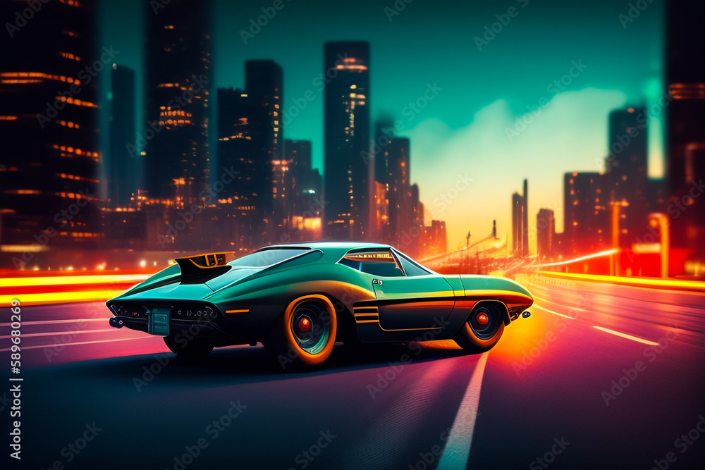 Fototapeta premium Aerial drone after a futuristic 3D concept car. Autonomous self-driving car moving on a city highway. Visualized AI sensors scan the road ahead for vehicles and pedestrians. back view. Generative AI