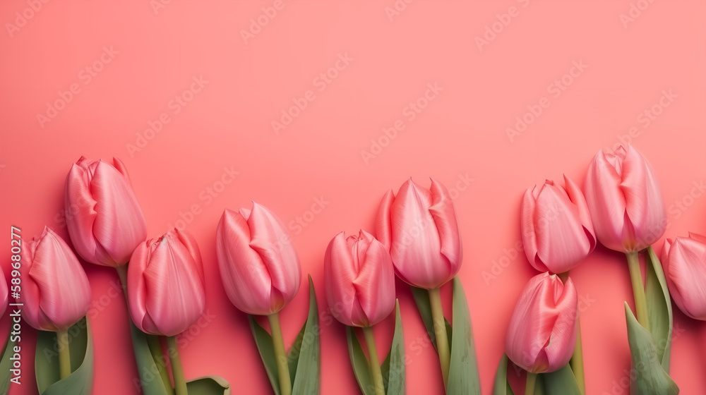 Spring tulip flowers on pink background top view in flat lay style. Greeting for Womens or Mothers Day or Spring Sale Banner Spring tulip flowers on pink background top view in flat lay style. Greeting for Womens or Mothers Day or Spring Sale Banner