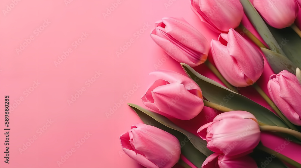 Spring tulip flowers on pink background top view in flat lay style. Greeting for Womens or Mothers Day or Spring Sale Banner Spring tulip flowers on pink background top view in flat lay style. Greeting for Womens or Mothers Day or Spring Sale Banner