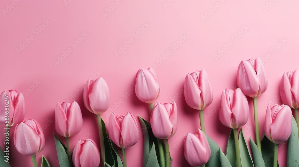 Spring tulip flowers on pink background top view in flat lay style. Greeting for Womens or Mothers Day or Spring Sale Banner Spring tulip flowers on pink background top view in flat lay style. Greeting for Womens or Mothers Day or Spring Sale Banner