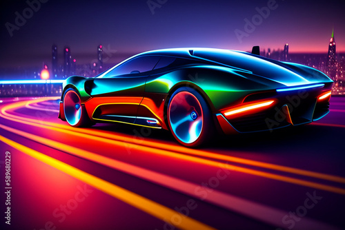 Aerial drone after a futuristic 3D concept car. Autonomous self-driving car moving on a city highway. Visualized AI sensors scan the road ahead for vehicles and pedestrians. back view. Generative AI