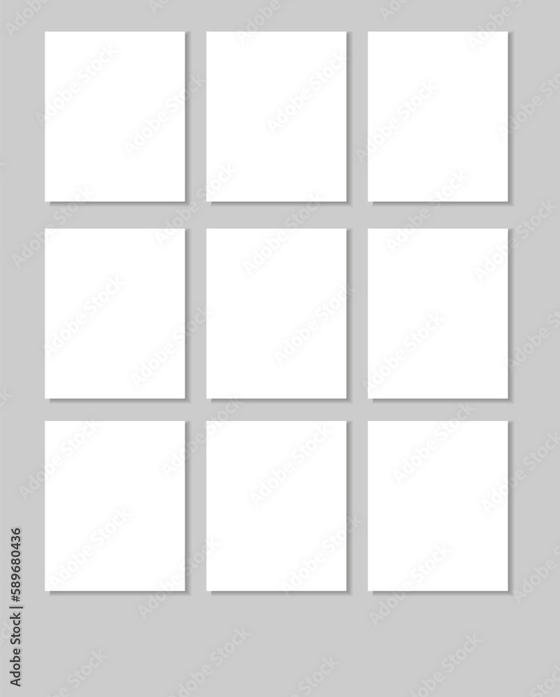 Empty white poster. Paper blank template. Vector illustration. Template. 9 empty blanks on grey board Empty white poster. Paper blank template. Vector illustration. Template. 9 empty blanks on grey board