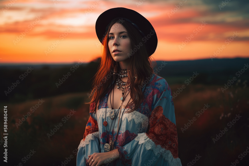The Serene Bohemian Beauty with a Sunset Sky, generative ai The Serene Bohemian Beauty with a Sunset Sky, generative ai