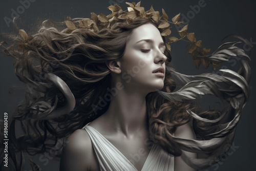The Muse of Epic Poetry portrait of a woman with flowing hair and a laurel wreath, inspired by the ancient Greek goddesses of art and literature, generative ai