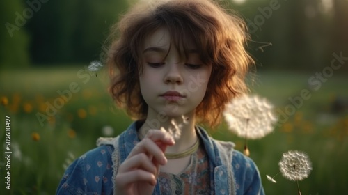 Cheerful girl blowing dandelion seeds in a meadow with a big smile on her face. Generative AI.