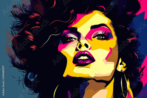 Vibrant Pop Art Portrait of a Woman with Big Hair and Bold Lips, generative ai