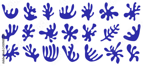 Set of blue hand drawn sea shapes in Matisse style. Vector illustration isolated on white background © Mariia