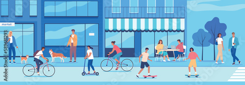 Crowd of different people walking, cycling, skating in the modern city street