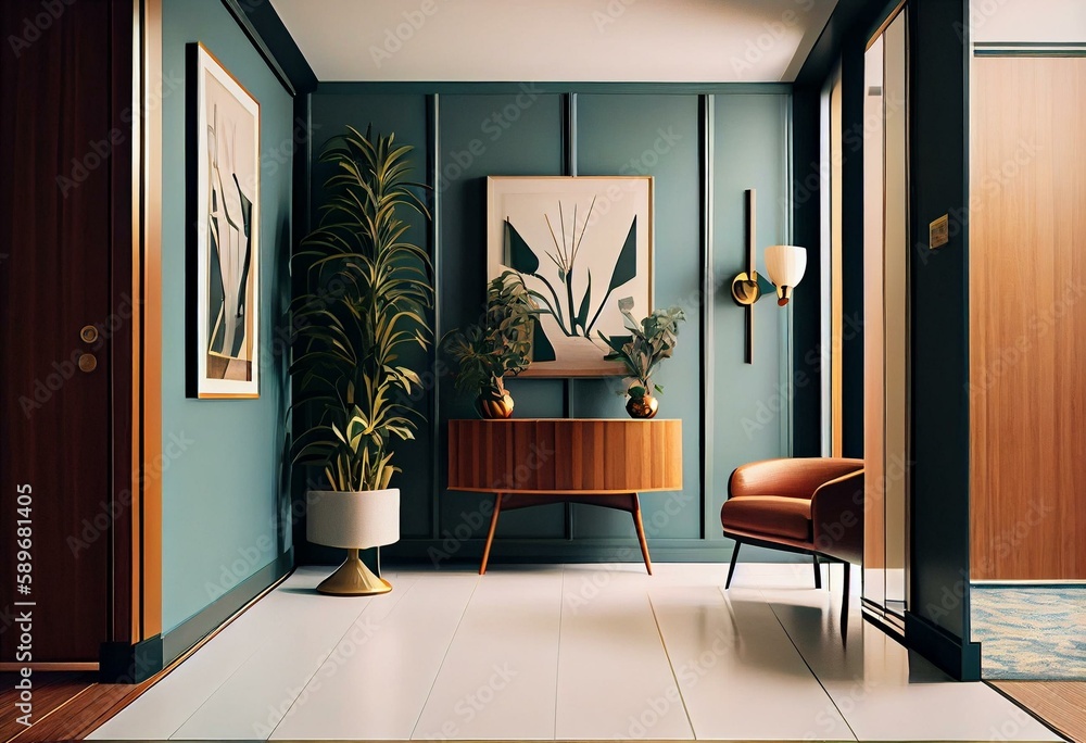 ภาพประกอบสต็อก Mid century Modern Foyer Interior Design - AI Generated ...