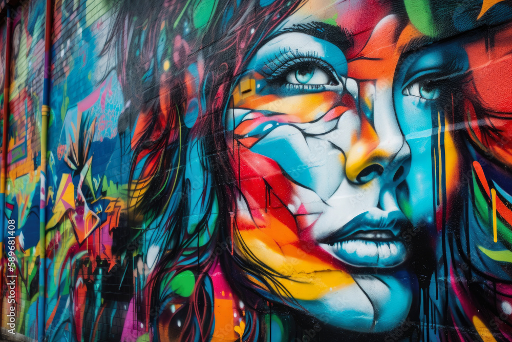 Vibrant street art portrait of a woman with bold colors and intricate details, generative ai Vibrant street art portrait of a woman with bold colors and intricate details, generative ai