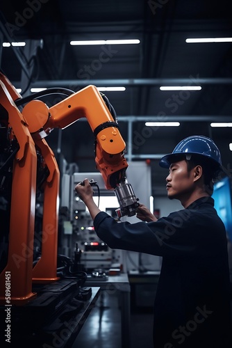 Engineer check and control welding robotics automatic arms machine in intelligent factory automotive industrial. Generative AI. (1)