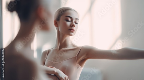 Confident young woman practicing ballet in a studio with grace and poise. Generative AI.