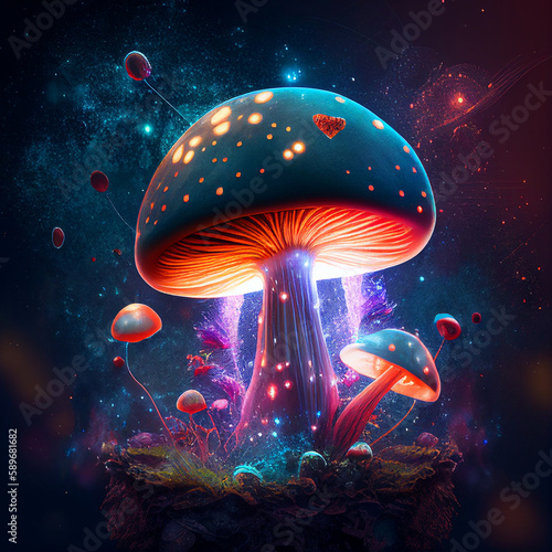 Intergalactic hallucinogenic mushroom in a surreal sci-fi landscape - generative AI