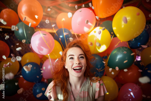 Whimsical portrait of a young woman in a circus tent surrounded by balloons and confetti, generative ai