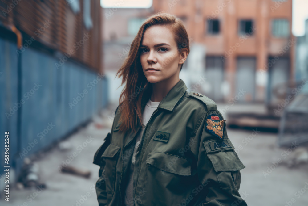 Woman in Military Uniform with a Gritty Urban Backdrop, generative ai