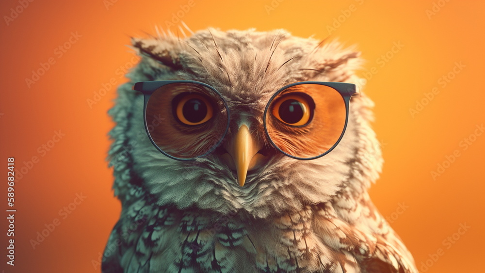 Obraz premium Owl wearing sunglasses portrait, pastel bright one color background with Generative AI.