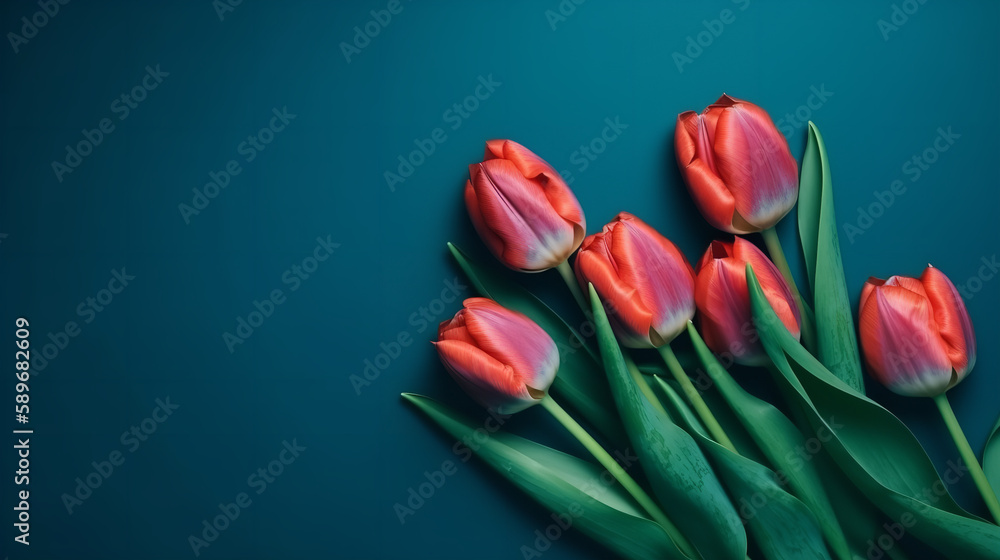 Spring tulip flowers on blue background top view in flat lay style. Greeting for Womens or Mothers Day or Spring Sale Banner