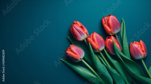 Spring tulip flowers on blue background top view in flat lay style. Greeting for Womens or Mothers Day or Spring Sale Banner © Volodymyr Skurtul