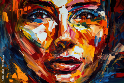 woman's portrait in abstract expressionism style with bold and dramatic lines, depicting her strength and resilience in the face of adversity, generative ai