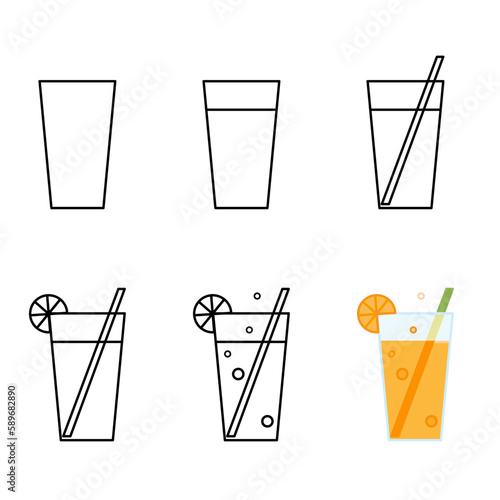 How to draw a glass of juice. Step-by-step instructions for creating an illustration. A glass with orange juice, a straw, a piece of fruit. Isolated vector image.