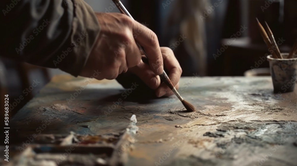 Focused man painting a landscape on a canvas in an art studio. Generative AI. Focused man painting a landscape on a canvas in an art studio. Generative AI.