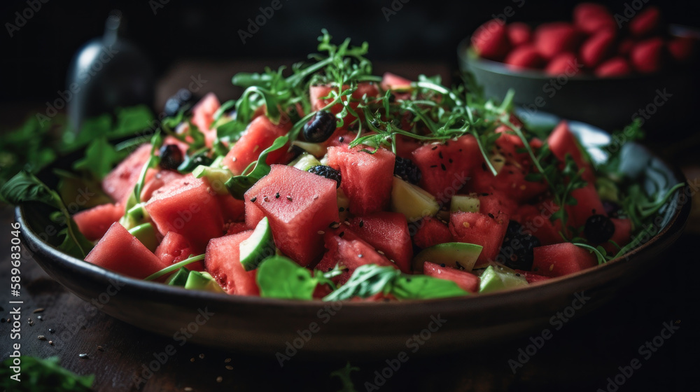 Watermelon Salad Served in a Bowl-Generative AI Watermelon Salad Served in a Bowl-Generative AI