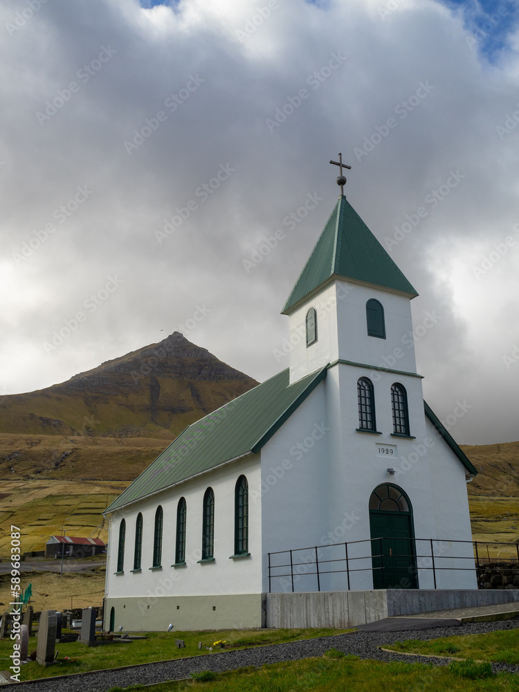 Gjógv church with Middagsfjall mountain in background