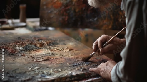 Focused man painting a landscape on a canvas in an art studio. Generative AI. © bomoge.pl
