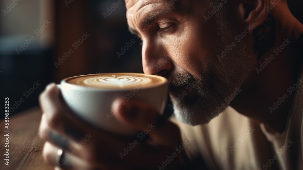 Relaxed man enjoying a cup of coffee in a cafe with a peaceful expression on his face. Generative AI. Relaxed man enjoying a cup of coffee in a cafe with a peaceful expression on his face. Generative AI.
