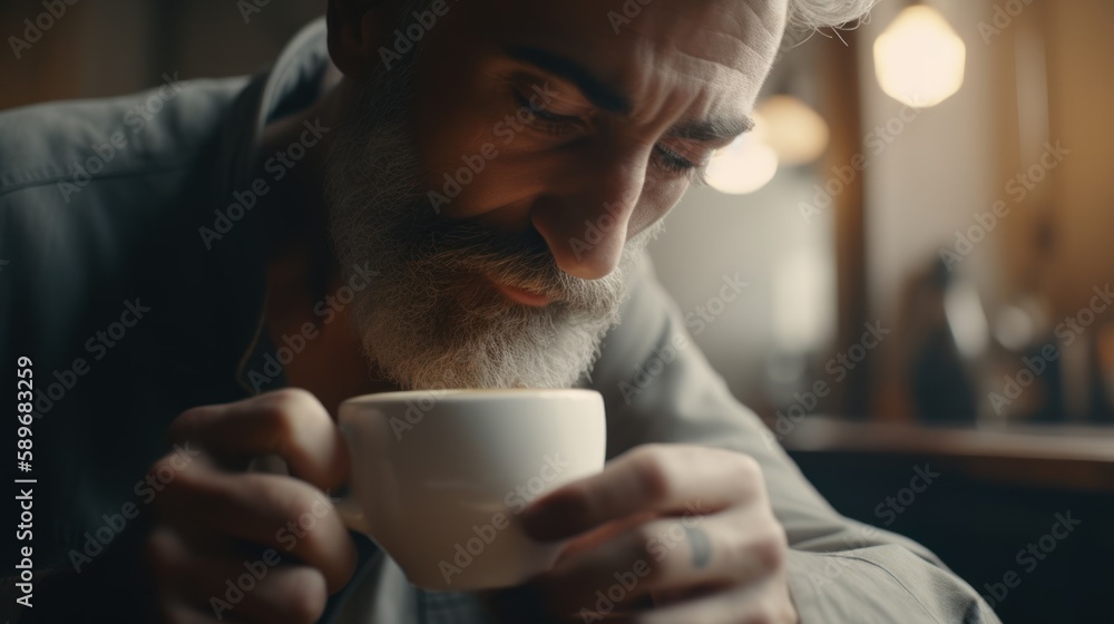 Relaxed man enjoying a cup of coffee in a cafe with a peaceful expression on his face. Generative AI. Relaxed man enjoying a cup of coffee in a cafe with a peaceful expression on his face. Generative AI.