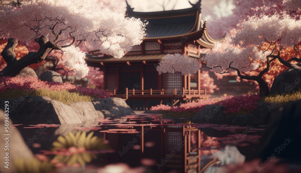  Japan Garden with cherry blossoms, generative AI