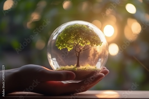 tree inside glass globe, suitable for earth international day. generative ai