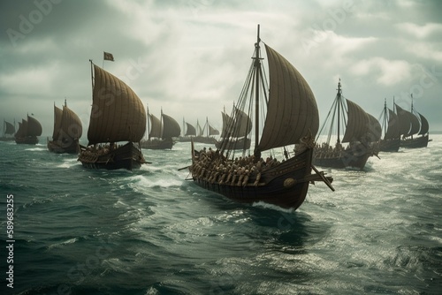 vikings in a big sea too many viking ships Generative AI
