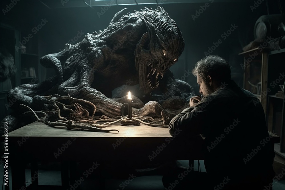 a man who fell asleep at the table and monstrous monsters above him cinematic Generative AI