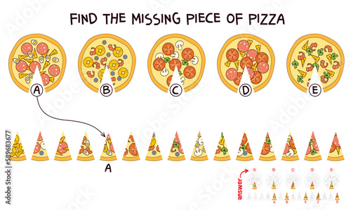 Find the missing piece of pizza. Puzzle Hidden Items. Matching game. Educational game for children. Colorful vector illustration. Isolated on white background