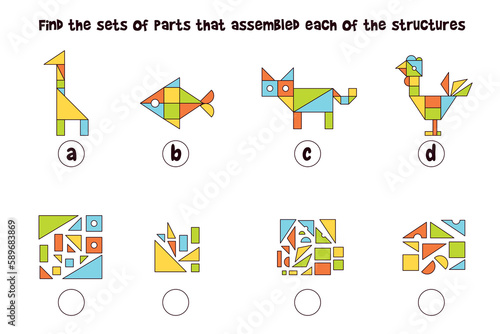 Find the sets of parts that assembled each of the structures. Matching game. Educational game for children. Colorful vector illustration. Isolated on white background