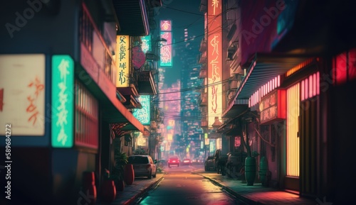 Tokyo at night anime scene neon, generative AI