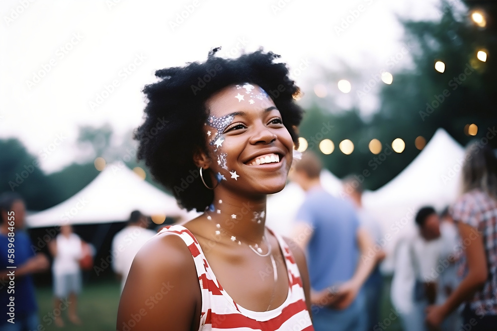 happy african american woman at a 4th of july barbecue party with celebratory make up - Generative AI