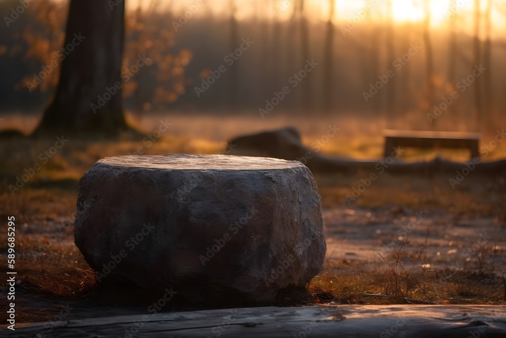 Stone table display, forest bokeh background, sunset vibe. Generative AI