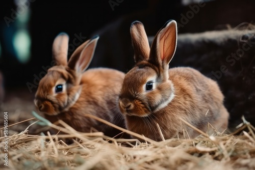 two adorable brown rabbits eat food and sit on dried grass in a rabbit farm. Household and ecology concept.generative AI