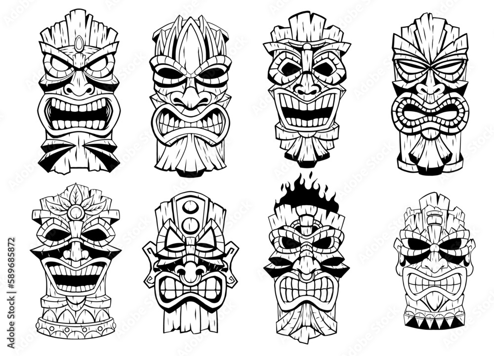 Tiki Mask Set Collection in Black and White hand drawn Tiki Mask Set Collection in Black and White hand drawn