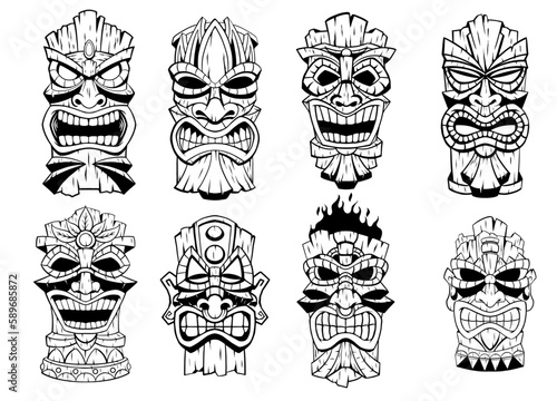 Tiki Mask Set Collection in Black and White hand drawn
