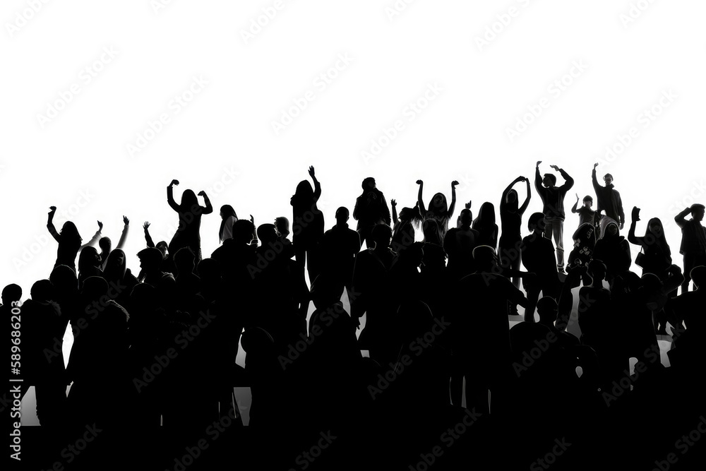 Black silhouette of a huge crowd of cheering people isolated on a white ...