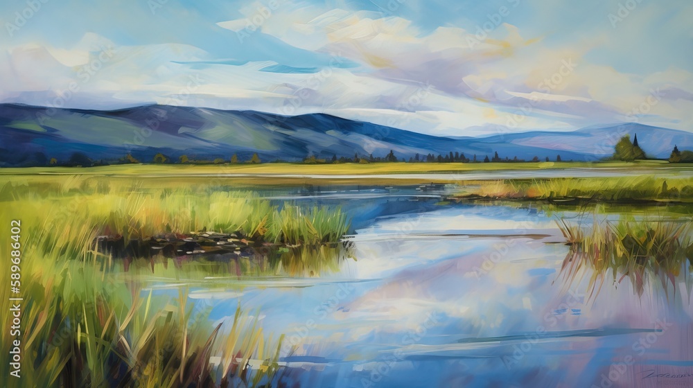 Serene Montana Summer Landscape with Vast Impressionist Style Painting Serene Montana Summer Landscape with Vast Impressionist Style Painting