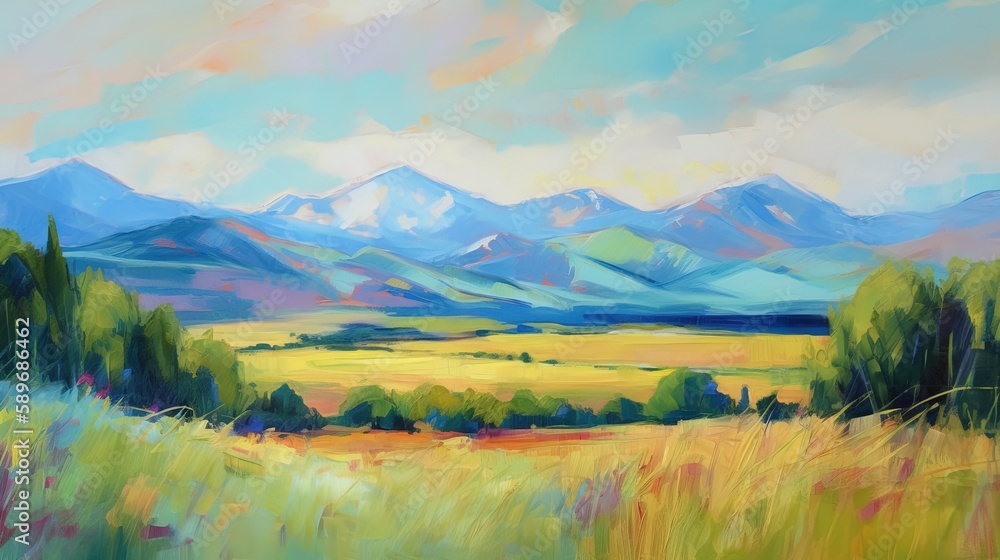 Serene Summer Landscape in Montana with Impressionist Style Painting and Detailed Brush Strokes