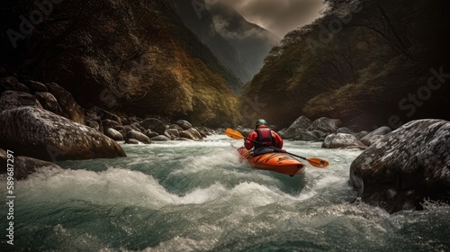 Mountain Kayaking: Discovering Adventure and Enjoying Outdoor Sports in Scenic Landscapes. Generative AI © Milos Stojiljkovic